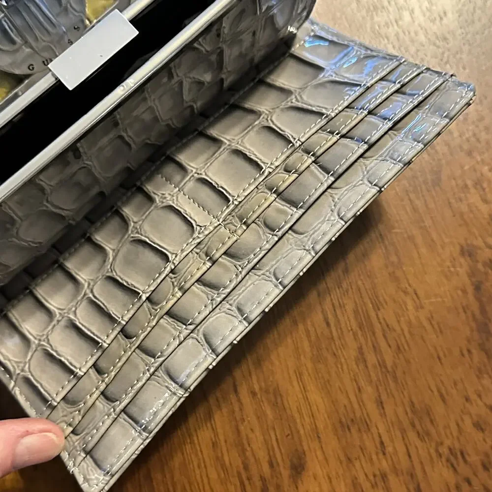 Guess Clutch Wallet Gray Mock Crocodile Leather Bifold Accordion